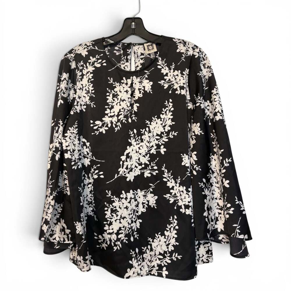 Anne Klein Black and White Floral Print Bell Sleeve Woven Blouse